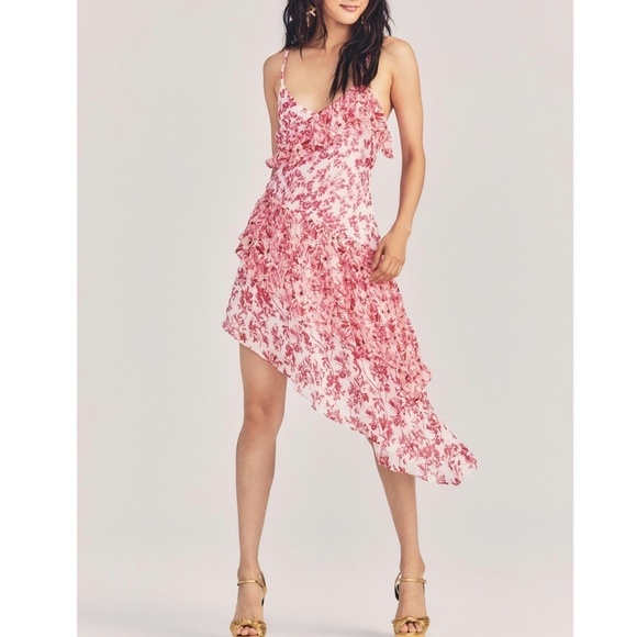 NWOT LOVESHACKFANCY Newport Silk Floral Asymmetrical Tiered Midi Dress S… - Picture 1 of 6